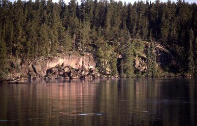 rock walls along the chain of narrow lakes